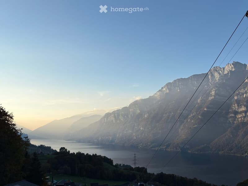 Panoramic view of a serene lake surrounded by lush green forests and towering mountains under a clear blue sky.