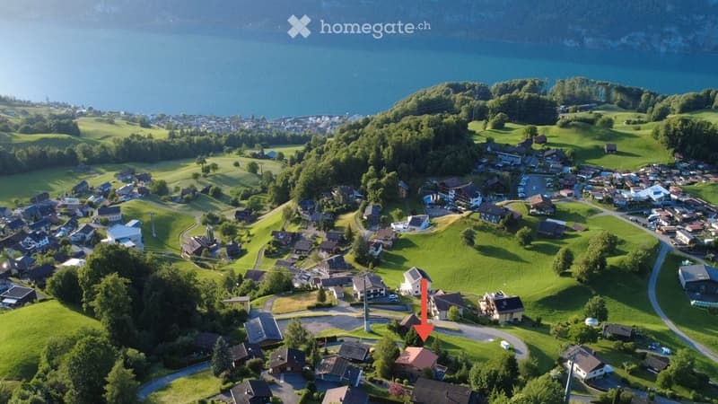 Aerial view of a small village with houses, green fields, and a lake in the background.