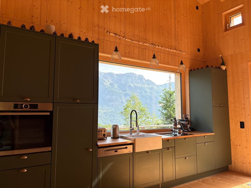 Modern kitchen with green cabinets, wooden walls, and a large window overlooking a mountain view. Features include a sink, faucet, oven, dishwasher, toaster, and coffee maker.