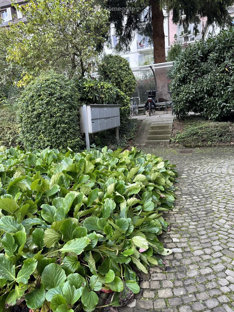 Garden area with lush green plants, cobblestone pathway, mailboxes, bicycles, and a small staircase leading to a covered entrance.
