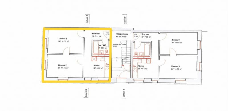 Floor plan showing two apartments: one with two bedrooms, a kitchen, a bathroom, and a hallway; the other with two bedrooms, a kitchen, a bathroom, and a hallway. Stairs connect the two levels.