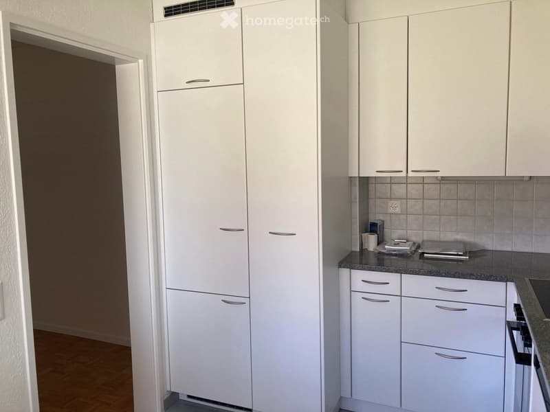 Modern kitchen with white cabinets, a dark countertop, and a few small items on the counter.