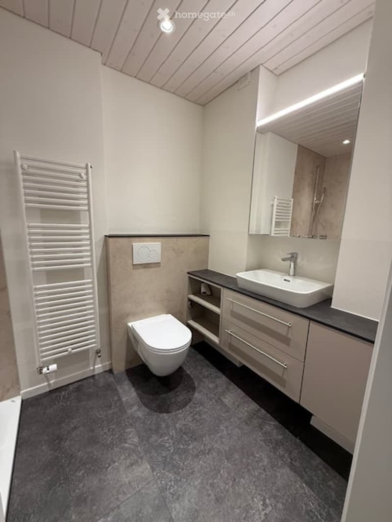 Modern bathroom with a toilet, sink, mirror, and cabinet. The floor is tiled in grey, and the walls are white with a light wood ceiling. A white radiator is mounted on the left wall.