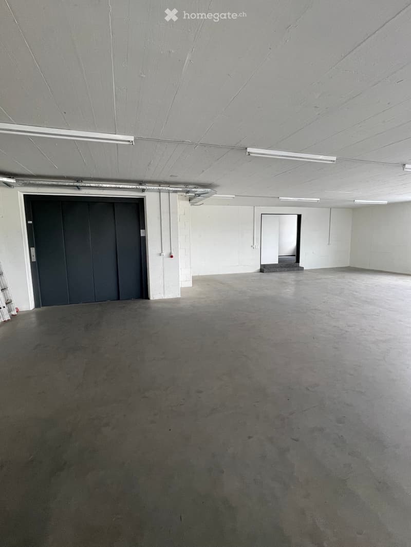 empty room with concrete floor, white walls, large doors, fluorescent lighting