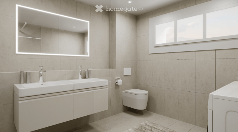 Modern bathroom with beige tiles, double sink, sleek faucet, large mirror with LED lighting, toilet, and a cabinet.