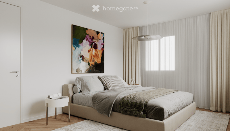 Modern bedroom with a large bed, nightstand, artwork on the wall, and sheer curtains covering a window.