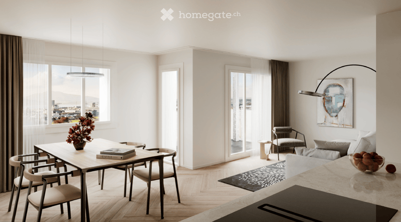 Modern living and dining area with large windows offering a city view, white walls, light wood flooring, a sofa, coffee table, dining table with chairs, pendant lights, floor lamp, artwork, and a bowl of fruit on a side table.