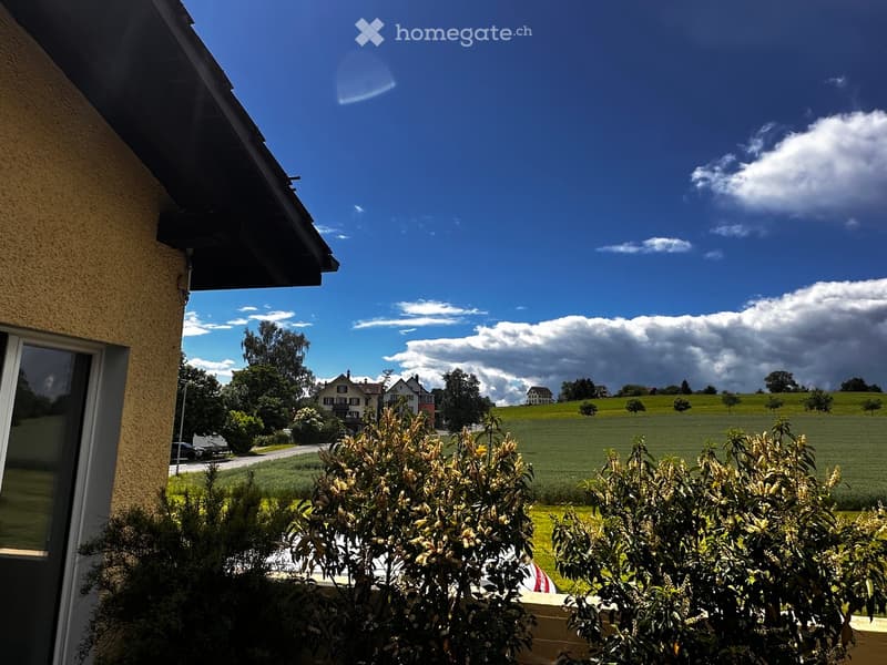 View from a balcony or terrace showing a green field, trees, and houses in the distance under a partly cloudy sky.