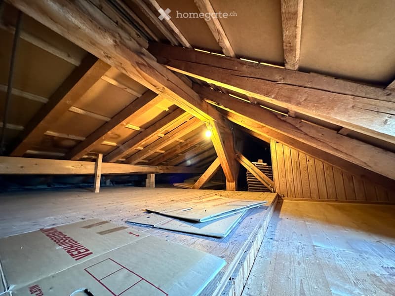 Empty attic space with exposed wooden beams and insulation, featuring a wooden floor and a small staircase leading to another area.