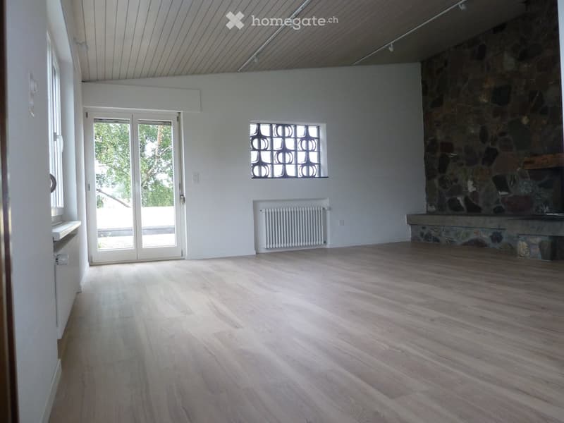 Empty room with light wooden flooring, white walls, a stone fireplace, a radiator, and large windows with a view of greenery.