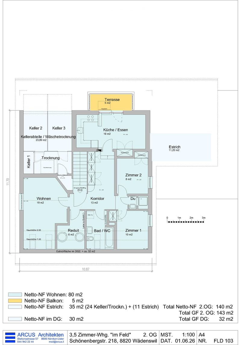 Floor plan of a 3.5-room apartment on the 2nd floor, including living area, kitchen, bedrooms, bathrooms, and a terrace.