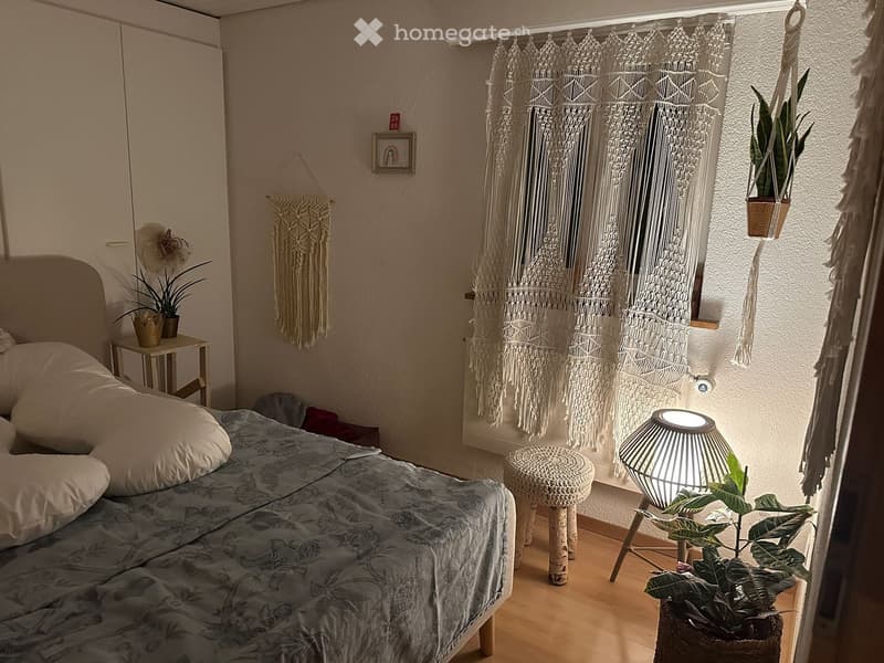 Cozy bedroom with a bed, nightstand, hanging plants, and decorative wall hangings.