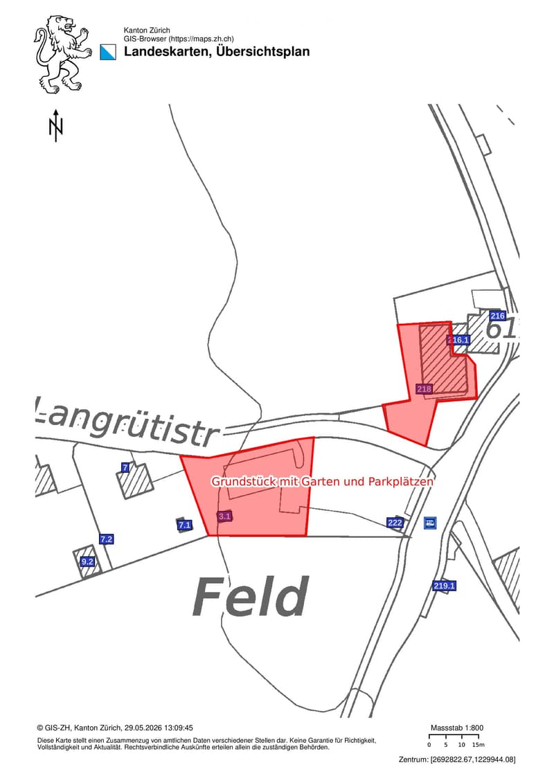 Overview map showing property plots with gardens and parking spaces, labeled with plot numbers and street names.