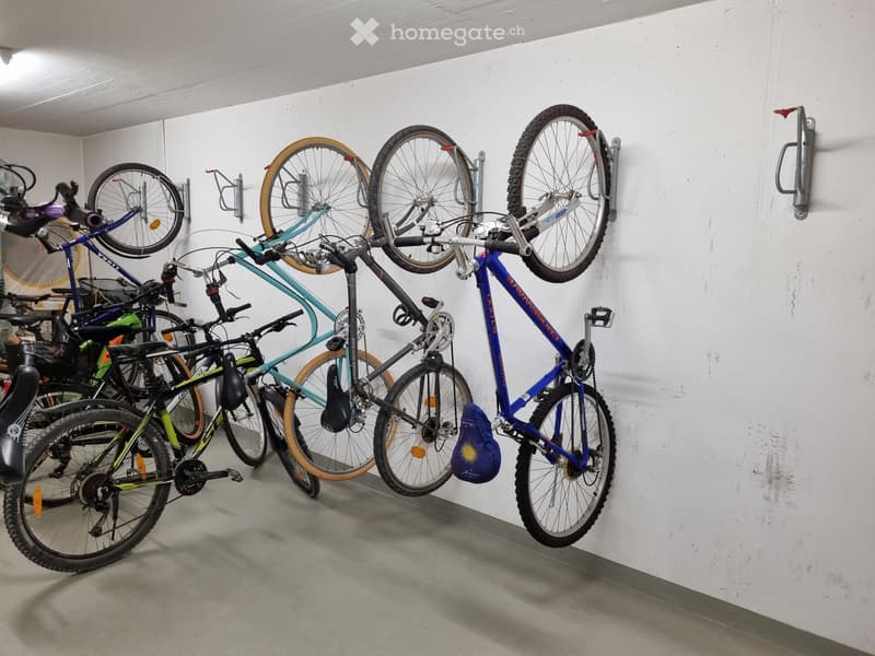 A storage area with several bicycles mounted on wall racks, including road bikes and mountain bikes, with various colors and styles.