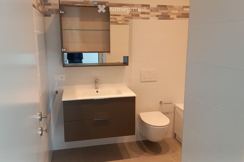 Modern bathroom with a white sink, dark grey cabinet, toilet, and a large mirror with built-in storage.