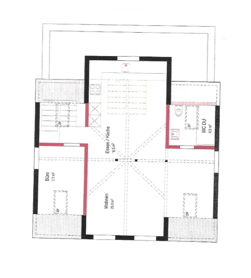 Floor plan of a 3-room apartment with a living room, kitchen, bedroom, and bathroom.