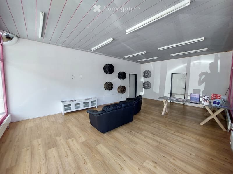 Modern, minimalist room with light wooden flooring, white walls, and a grey ceiling with linear lighting. Features a dark blue sofa, a small white cabinet, a glass table with chairs, and several decorative fans mounted on the wall.