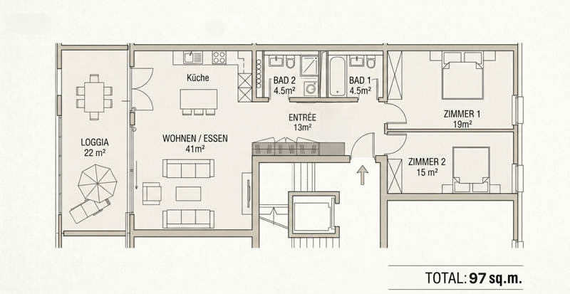 Floor plan of a 97 sq.m. apartment featuring a living/dining area, kitchen, two bathrooms, two bedrooms, and a loggia.