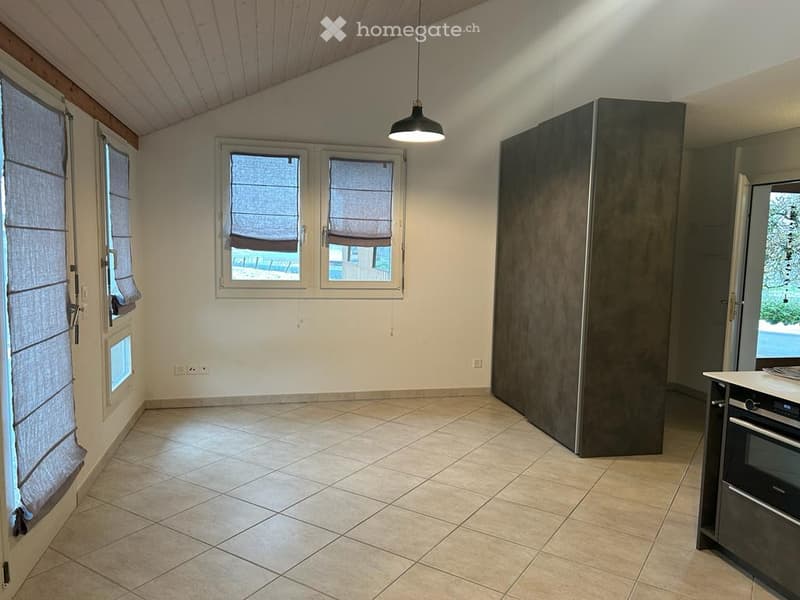 Empty room with tiled floor, white walls, large windows with blinds, and a hanging light fixture. No furniture or equipment present.