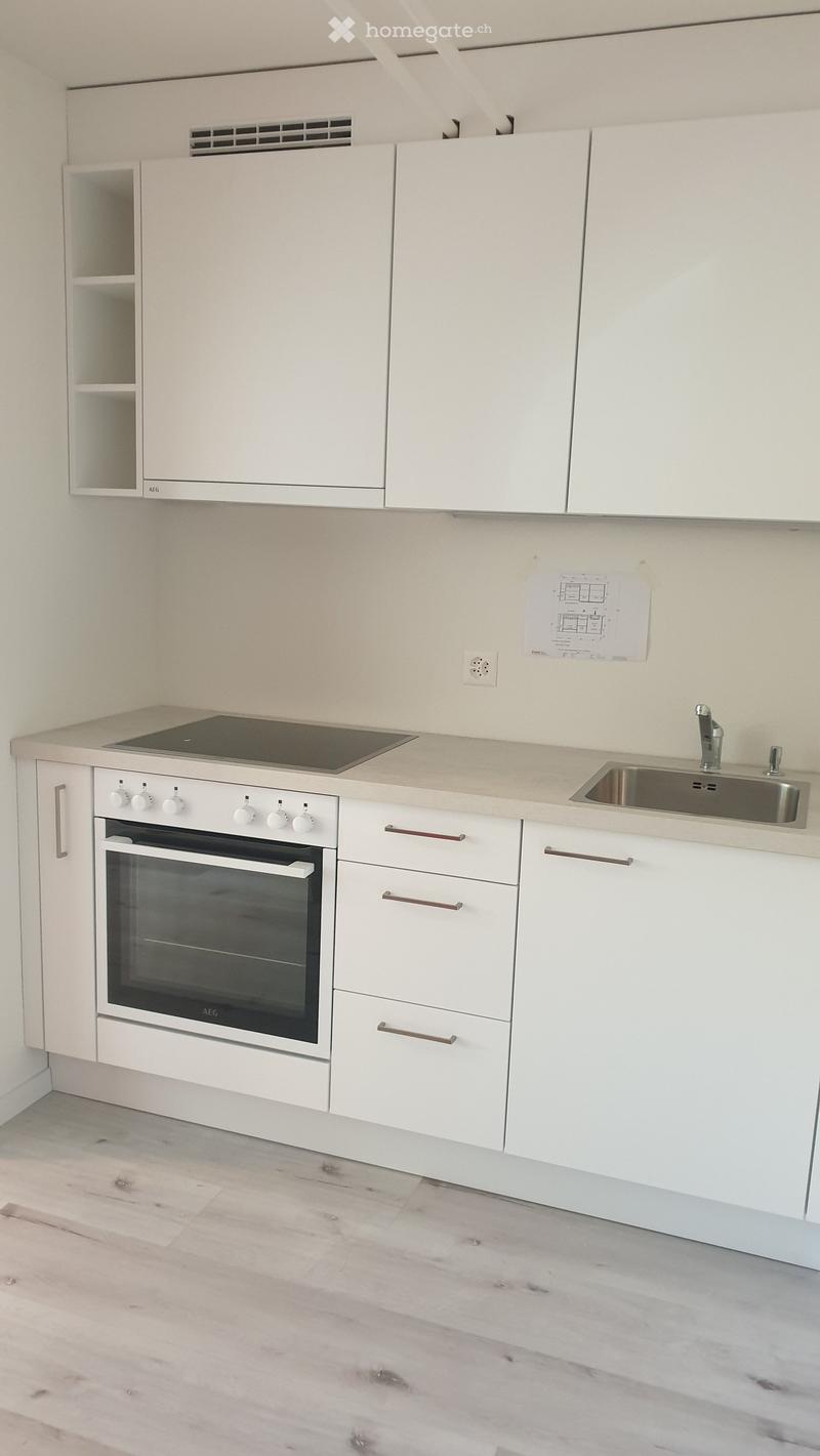 Modern kitchen with white cabinets, an oven, induction cooktop, sink, and faucet. Wooden flooring and a light-colored countertop.