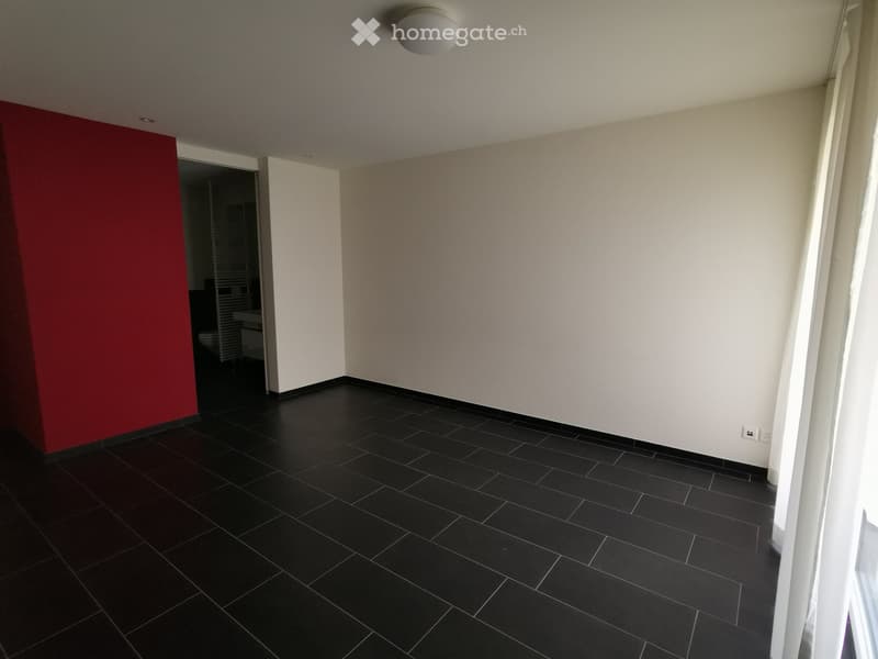 Empty room with dark tiled flooring, white walls, and a red accent wall. A doorway leads to another room, and a ceiling light fixture is visible.