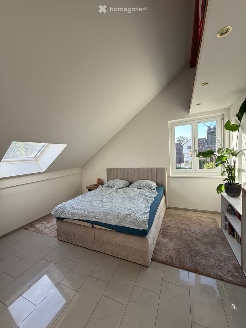 Bright, modern bedroom with a large bed, nightstand, potted plant, and built-in shelving unit. The room features wooden flooring, large windows, and skylights, creating a spacious and airy atmosphere.