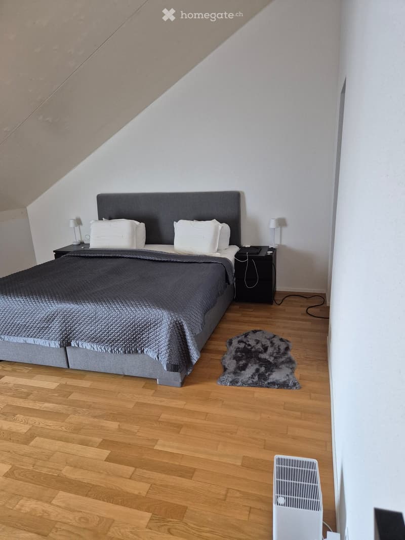 Modern bedroom with a large bed, nightstands, lamps, a fur rug, and a portable fan. The room features wooden flooring and white walls with a slanted ceiling.