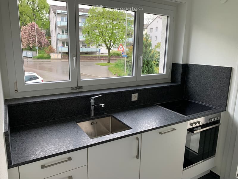 Modern kitchen with white cabinets, grey countertops, stainless steel sink, faucet, induction cooktop, and built-in oven. Large windows offer a view of the street and greenery.