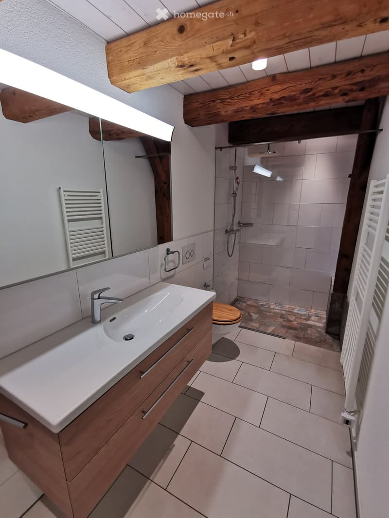 Modern bathroom with a white sink, wooden cabinet, mirror, toilet, and a glass-enclosed shower area with a wooden seat. Exposed wooden beams on the ceiling and tiled floors.