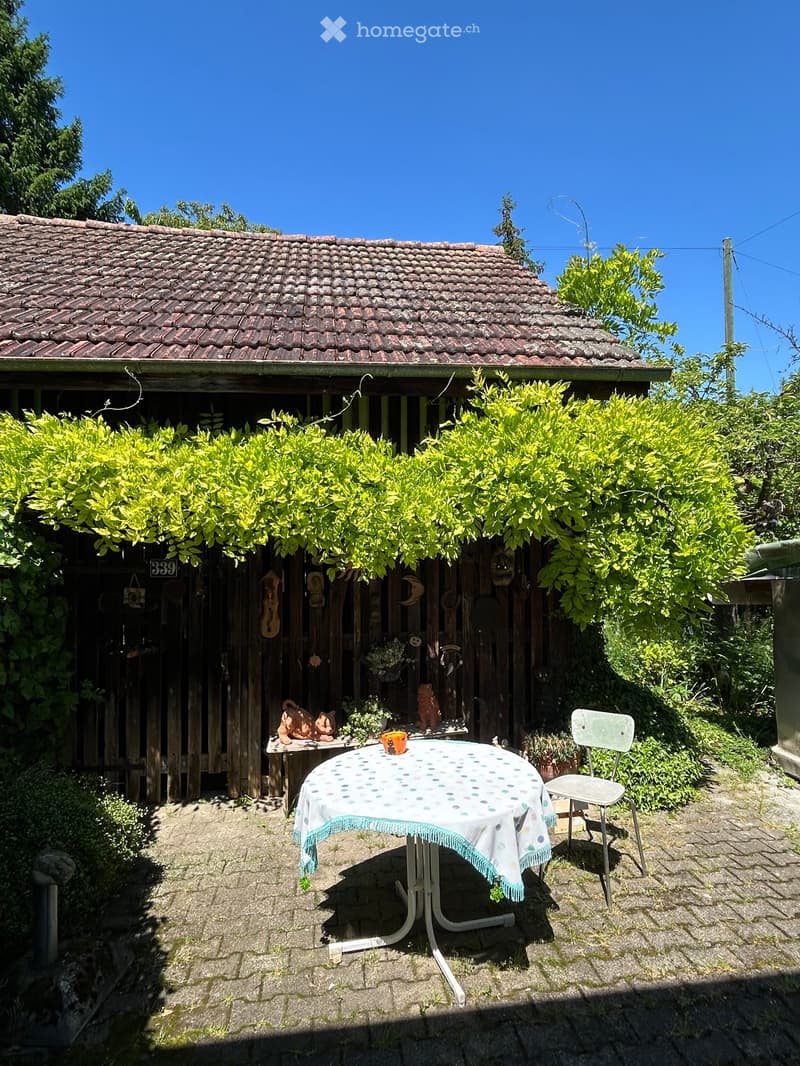 Outdoor seating area with a table, chair, and cup, surrounded by greenery and a wooden structure.