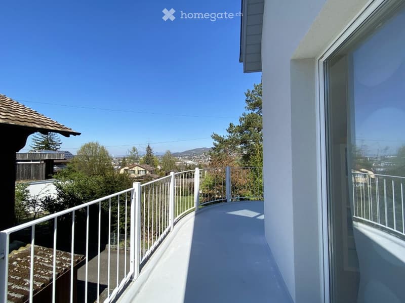 Balcony / Terrace. Balcony with white railing, overlooking a suburban neighborhood with trees and houses.