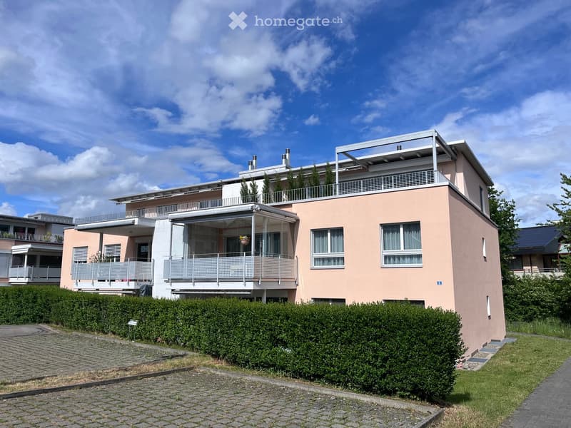 Two-story modern house with pink facade, multiple balconies, and a rooftop terrace. The house features large windows, a well-maintained hedge, and a paved driveway.