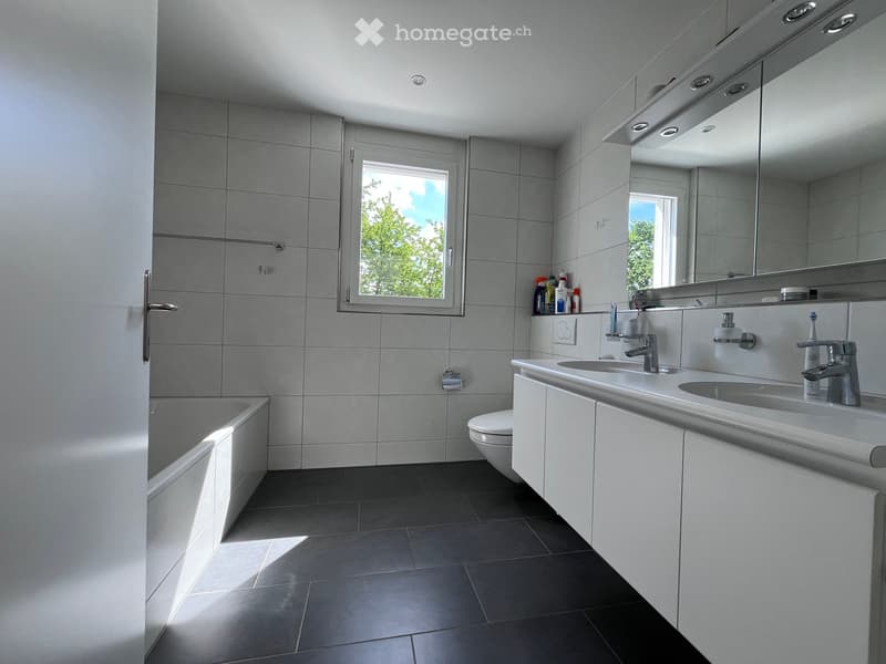 Modern bathroom with grey tiles, a bathtub, a toilet, a double sink with mirrors, and various toiletries on the counter.