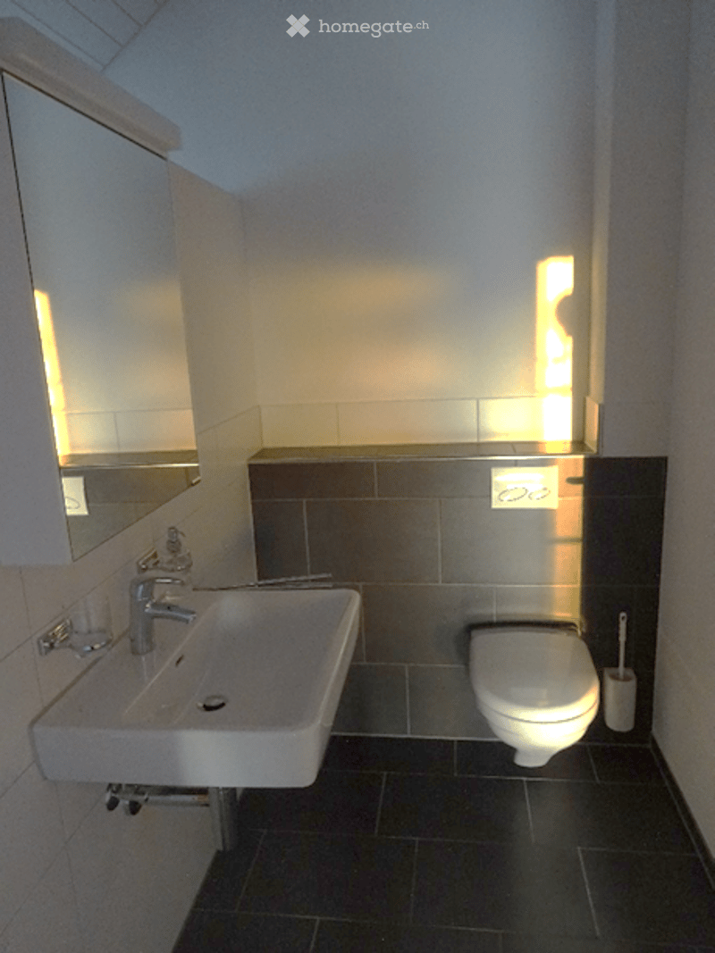 Modern bathroom with white sink, toilet, and mirror, dark tiled floor and walls.