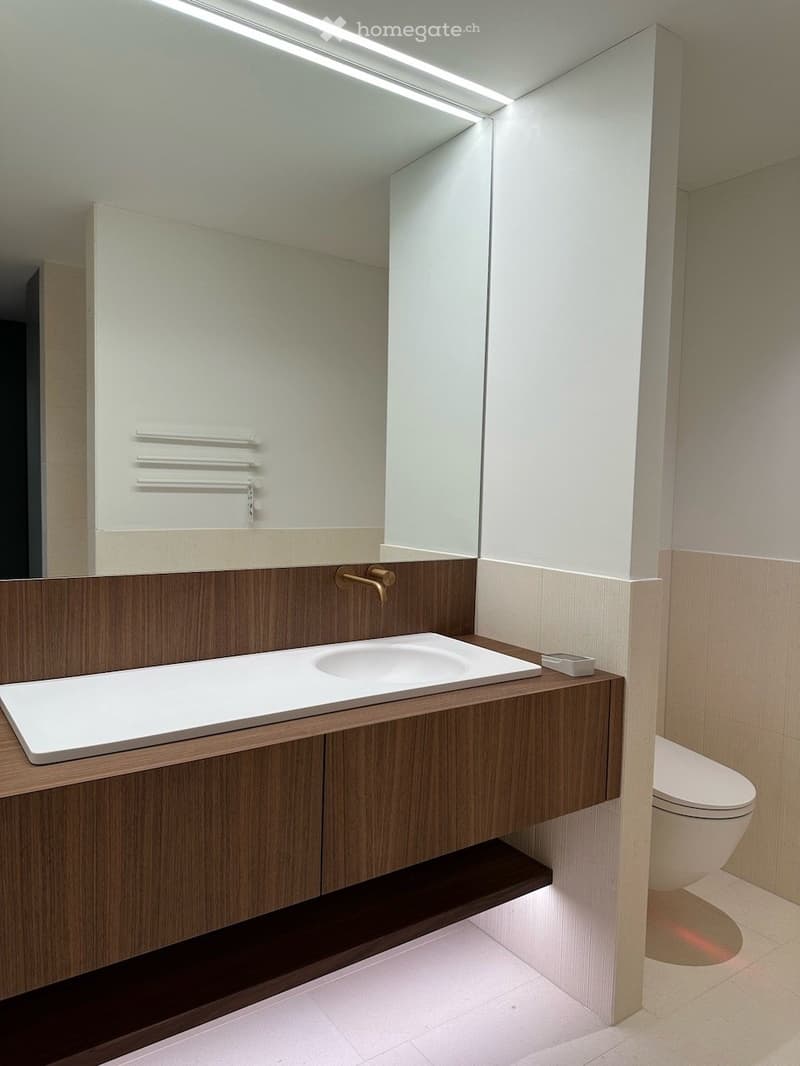 Modern bathroom with a wooden vanity, white sink, and a large mirror. The space includes a toilet and sleek, contemporary design elements.