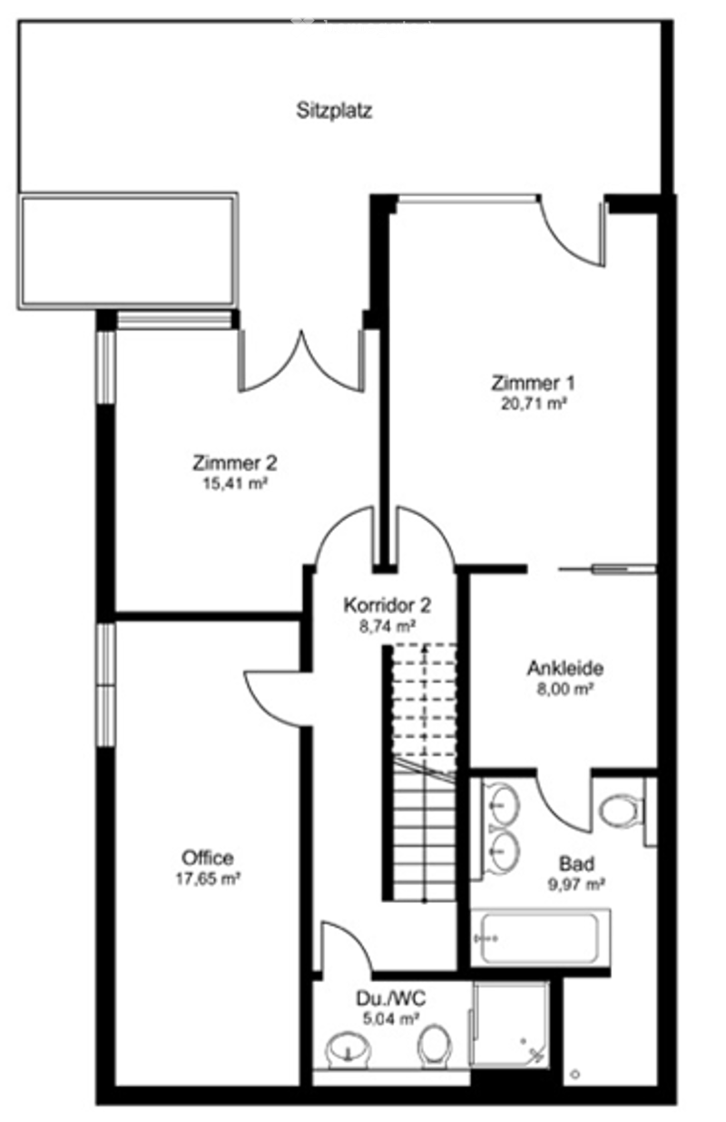 Floor plan of an apartment with a living area (Sitzplatz), two bedrooms (Zimmer 1 and Zimmer 2), a corridor (Korridor 2), an office, a bathroom (Bad), a shower/toilet (Du/WC), and an entrance area (Ankleide).