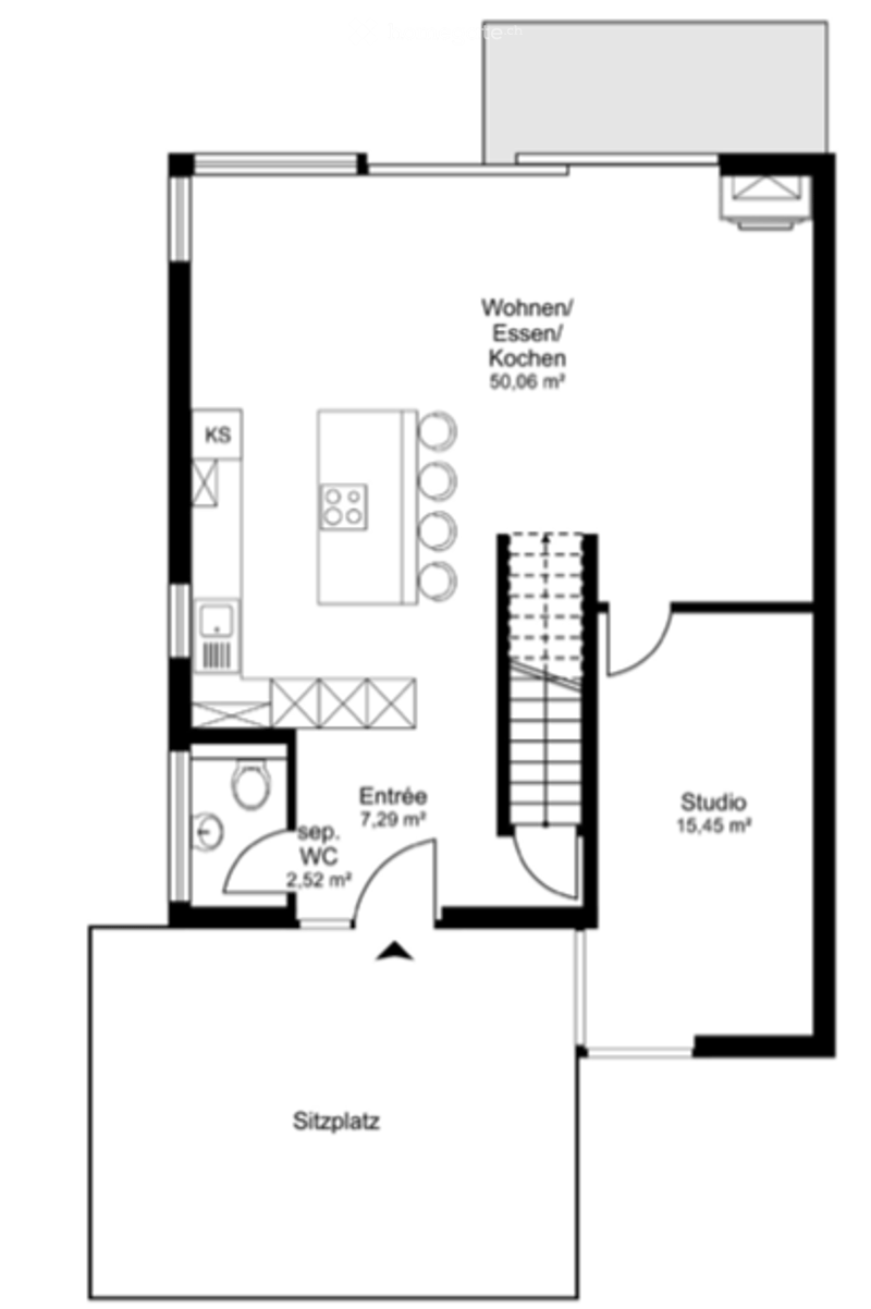 Floor plan of a 3-room apartment including a living/dining/ kitchen area, a studio, an entrance area, and a WC.