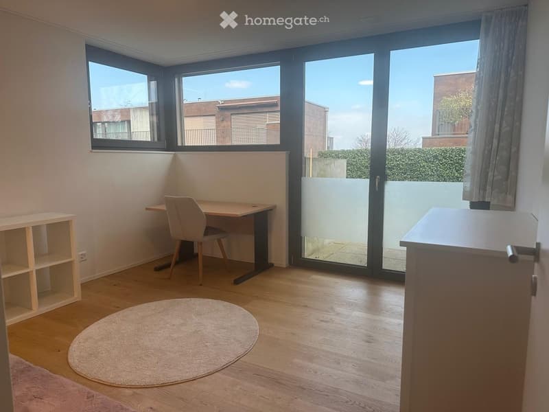 Bright, modern room with wooden flooring, large windows, a desk with a chair, a round rug, and a small shelf.