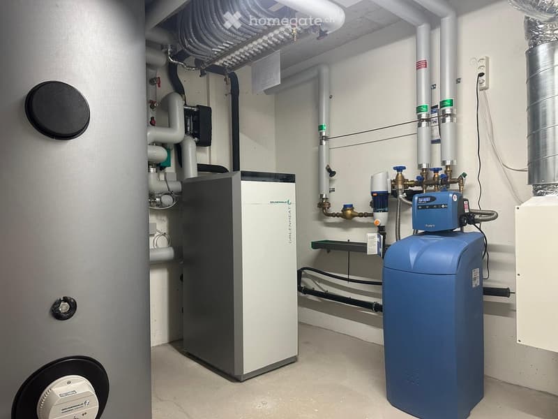 Utility room with a water heater, water softener, and various pipes and valves.