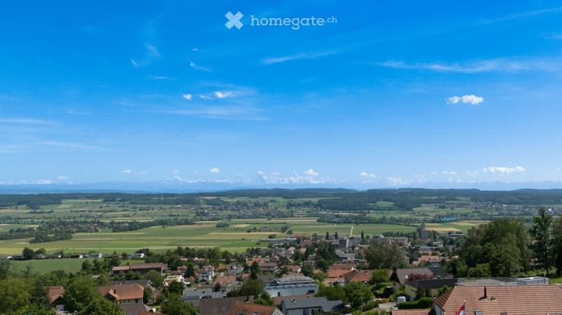 A panoramic view of a rural village with scattered houses, green fields, and distant mountains under a clear blue sky.