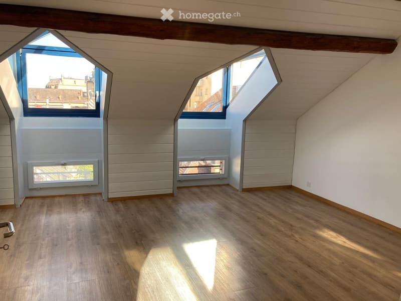 Empty attic room with wooden flooring, white walls, and skylight windows allowing natural light to enter.