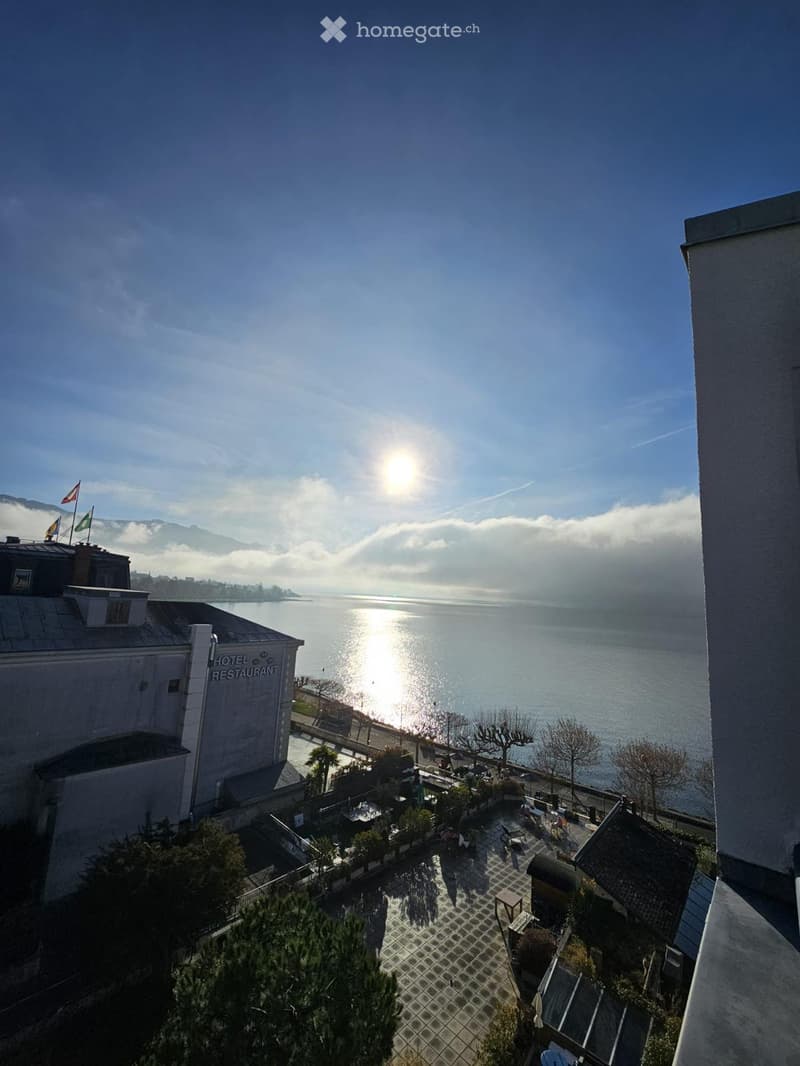 Overlooking lake, mountains in the distance, hotel, building with balcony, flags, trees, boats