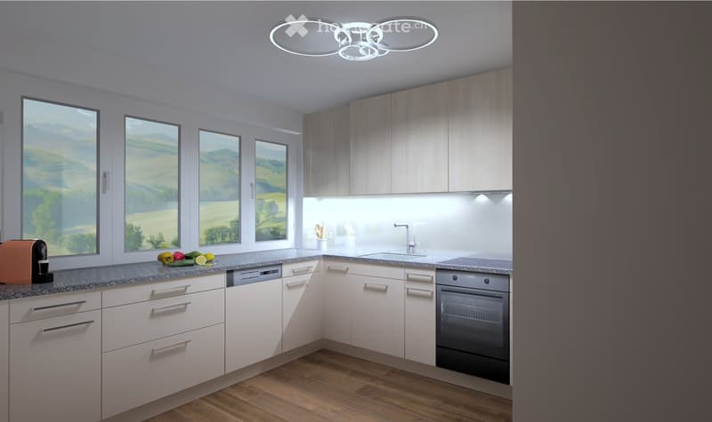 Modern kitchen with white cabinets, granite countertops, and large windows offering a scenic view. Features include a coffee maker, fruits, vegetables, and built-in appliances like an oven and dishwasher.