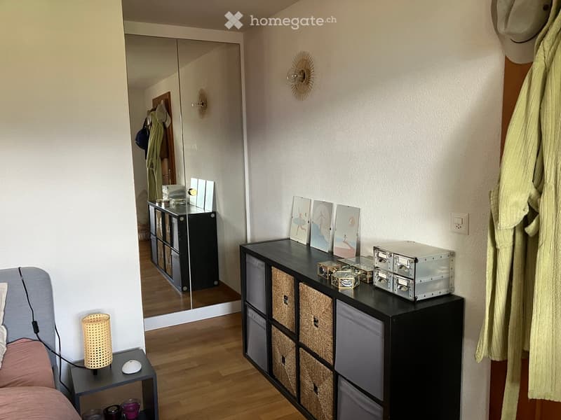 A modern bedroom with a grey bed, pink bedding, a nightstand with a lamp, a large mirror, and a black cabinet with woven drawers and decorative items on top.