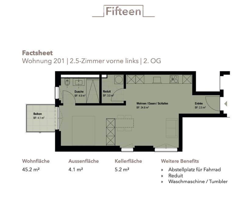 Floor plan of a 2.5-room apartment on the 2nd floor, featuring a living/dining/sleeping area, bathroom, closet, entrance, and balcony.
