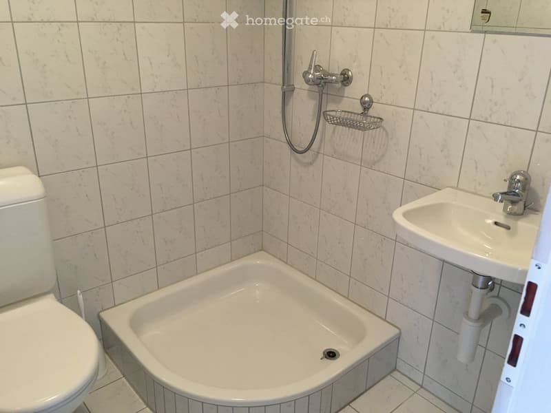 Bathroom with white tiled walls and floor, featuring a toilet, bathtub, sink, and showerhead with a small basket.