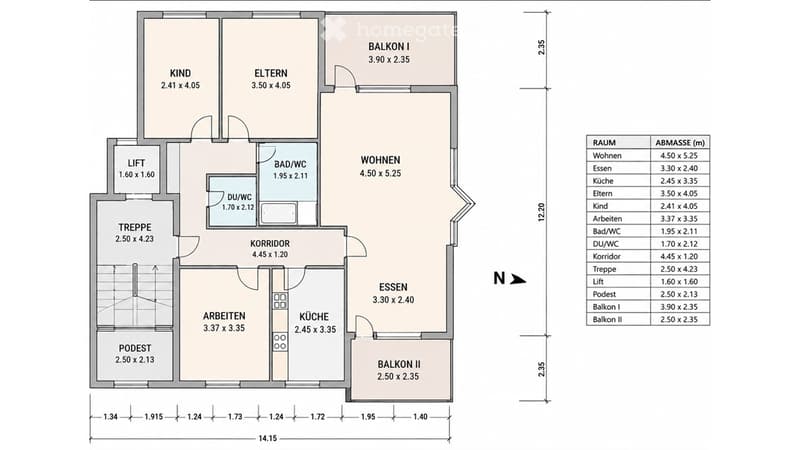 Floor plan of a 4-room apartment with living room, dining room, kitchen, two bedrooms, two bathrooms, two balconies, staircase, and elevator.