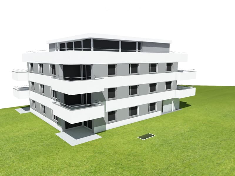Modern multi-story building with white and grey facade, multiple windows, and balconies on each level, set on a green lawn.