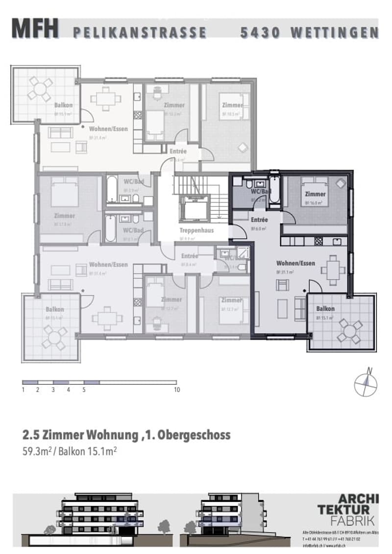 Floor plan of a 2.5-room apartment on the first floor, featuring living/dining areas, bedrooms, bathrooms, and balconies.