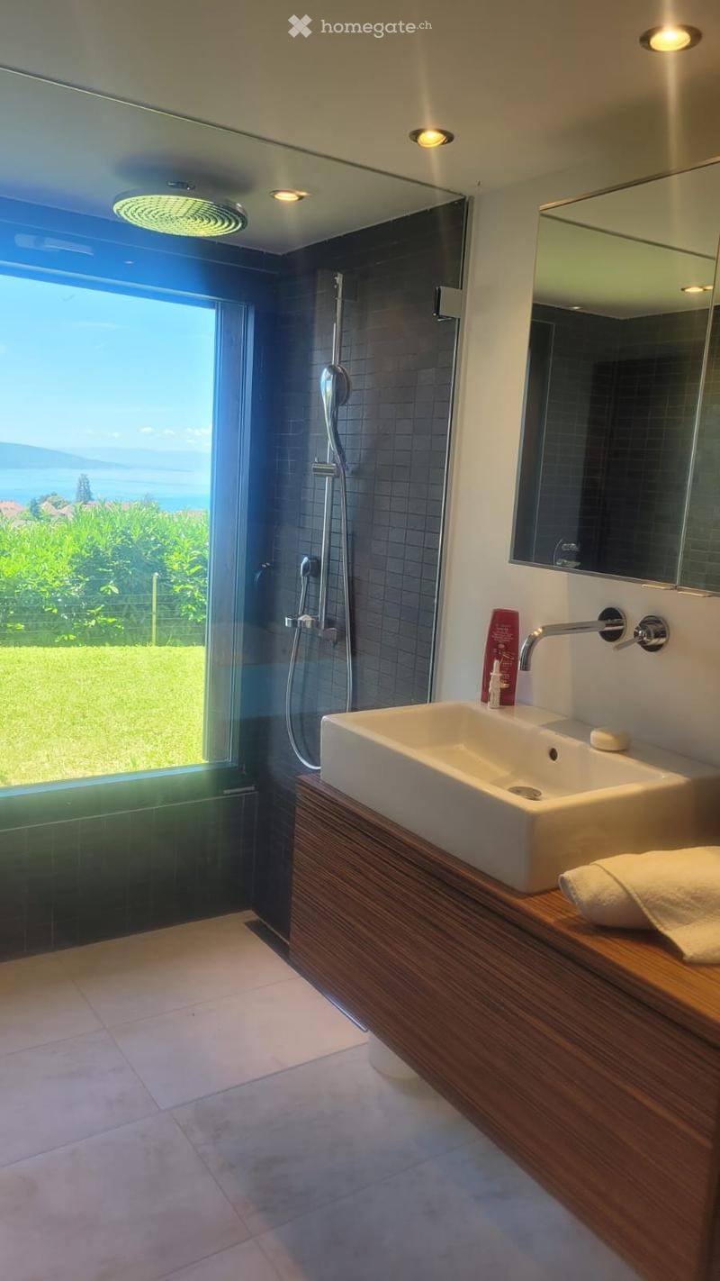 Modern bathroom with a large window offering a scenic view, featuring a white sink, wooden vanity, mirror, and a glass-enclosed shower with a modern showerhead.
